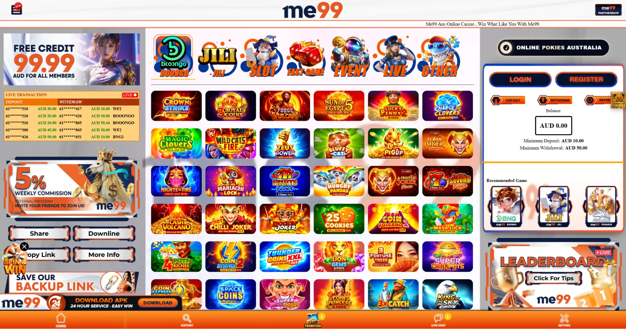 Me99 casino game lobby and popular pokies categories for Australia